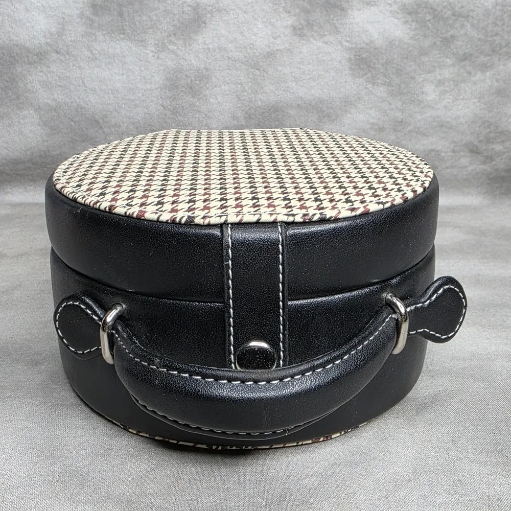 Vanity Jewelry Case Houndstooth Inset‎ & Black Leather Inside Mirror w/Pocket
